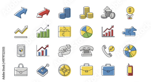 Hand-drawn Business and Finance Icons Collection for Modern Design Projects.