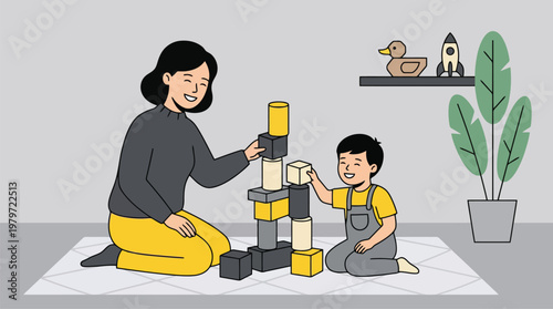 Mother and child building tower with blocks on a rug