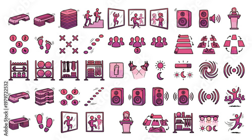 Gym Fitness Studio Icon Set in Doodle Style. A collection of exercise Linear Icons, including aerobic step, instructor, mirror, speaker, yoga mat, weights, equipment, and more. Vector Art.