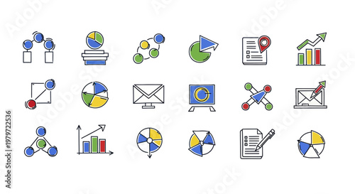 Hand-drawn business and technology icons for data analysis.