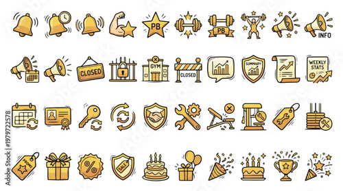 Gym Notification Icons in Hand-drawn Style. A collection of Fitness Linear Icons, including bell, PB record, closure, maintenance, repair, stats, gift, trophy, and more. Isolated on White.