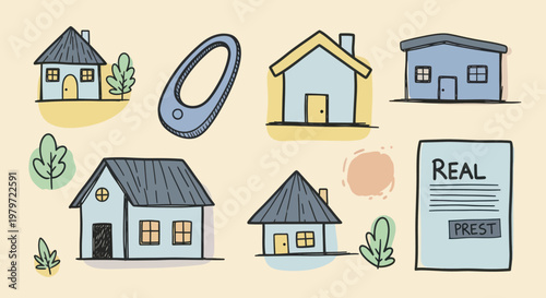 Hand-drawn collection of various houses and real estate elements.