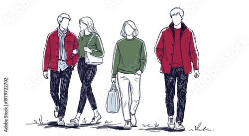 Hand-drawn illustration of four people walking together in casual attire.