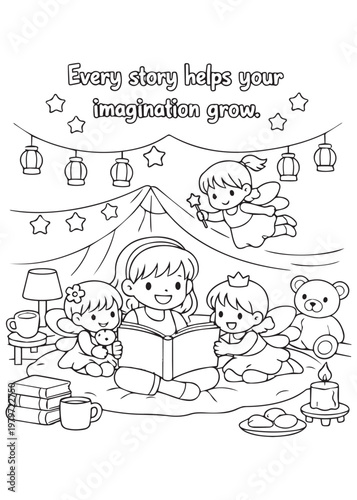 coloring book page girl reading a storybook with fairy friends in a cozy basement room