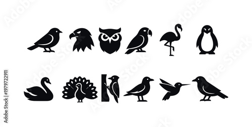 Collection of diverse bird icons in silhouette, representing various species and styles