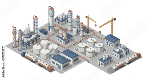Industrial Chemical Plant with Storage Tanks and Cranes.