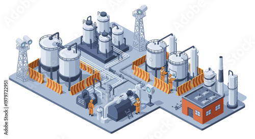 Industrial Chemical Plant with Workers and Equipment.