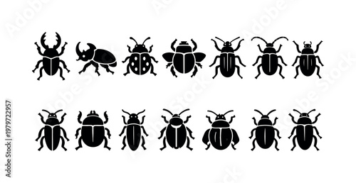 Collection of diverse beetle icons in a clean, minimalist black and white graphic style