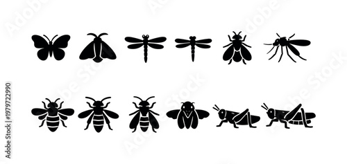 Collection of black insect silhouettes including butterflies, moths, dragonflies, bees, and grasshoppers