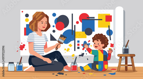 Parent and child painting abstract art on large canvas in living room