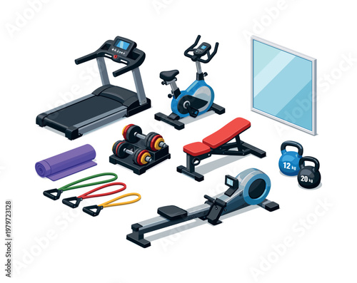 Isometric collection of home gym equipment for a complete workout session
