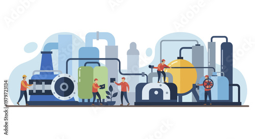 Industrial factory production with workers operating machinery and pipelines.