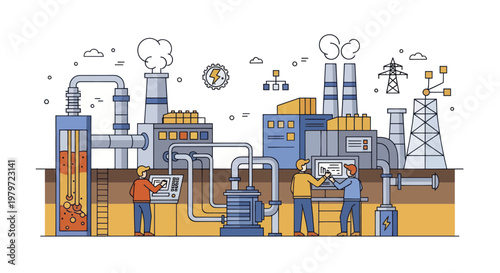 Industrial factory with workers and complex machinery producing energy.
