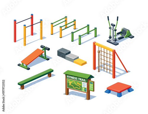 Collection of outdoor fitness equipment and park amenities in isometric view