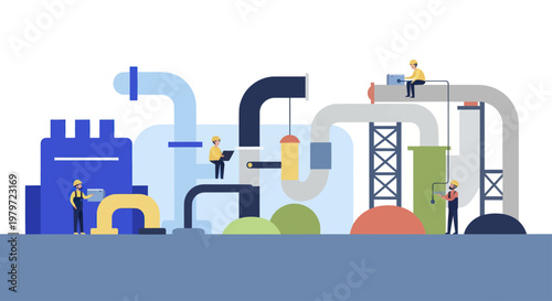 Industrial Factory with Workers and Complex Piping System.