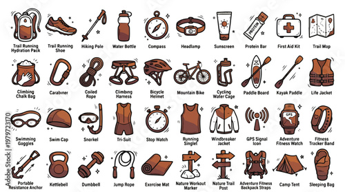 Outdoor Adventure Fitness Icon Set in Hand-drawn Style. A collection of sports linear icons, including hiking, climbing, cycling, swimming, running, camping, gear, tools