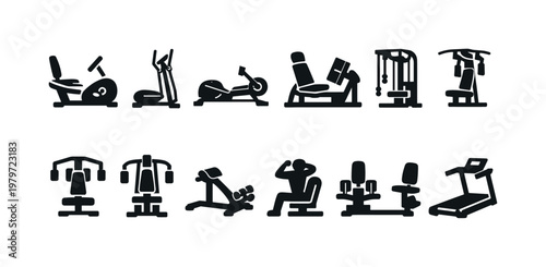 Collection of black icons representing various gym equipment and exercise machines