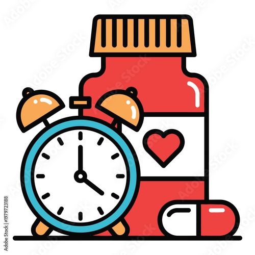 Cartoon illustration of alarm clock and heart health pill bottle and capsule icon