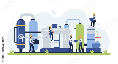 Industrial factory with workers performing maintenance and operations on machinery.