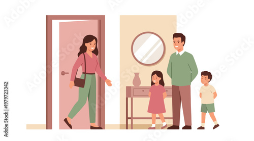 Family at doorway and entryway scene with parents and two children
