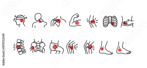 Collection of body pain icons showing discomfort in head, neck, chest, abdomen, joints, and extremities