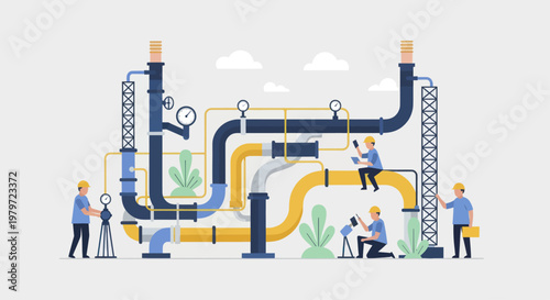 Industrial Pipeline System with Workers Monitoring Equipment.