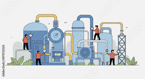 Industrial Plant Machinery with Workers Performing Maintenance Tasks.