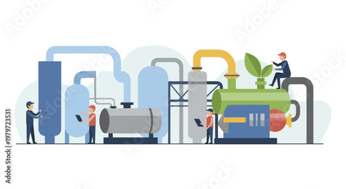 Industrial Plant with Green Energy Technology and Workers.