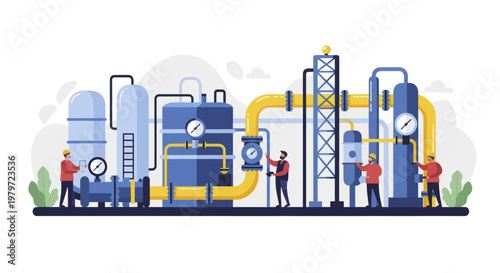 Industrial Plant with Workers and Complex Machinery.