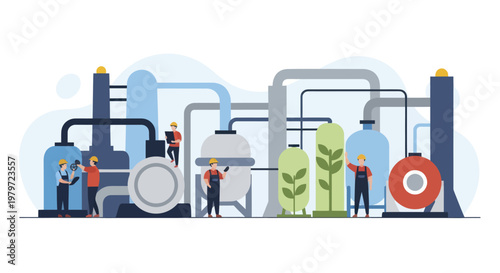 Industrial Plant with Workers and Eco-Friendly Production.