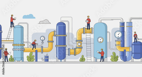 Industrial Plant with Workers and Complex Piping System.