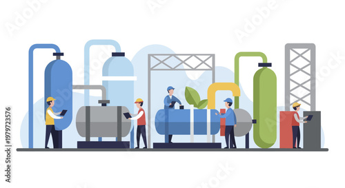 Industrial plant workers operating machinery and equipment.