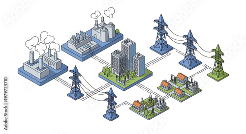 Industrial Power Grid Connecting Factories to City and Homes.