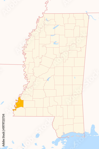 Map of the County Adams (Mississippi, US) showing the Federal State with the highlighted County