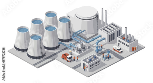 Industrial Power Plant with Cooling Towers and Buildings.
