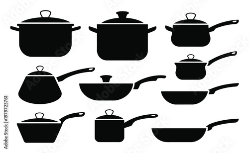 Collection of Black Silhouettes of Various Cooking Pots and Pans