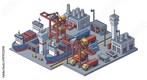 Isometric Container Port With Ships and Cranes.