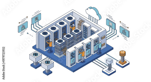 Isometric Data Center with Servers and Cloud Connectivity.