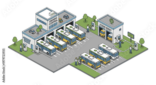 Isometric Bus Depot with Multiple Buses and Buildings.