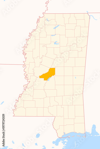 Map of the County Madison (Mississippi, US) showing the Federal State with the highlighted County