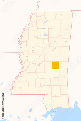 Map of the County Newton (Mississippi, US) showing the Federal State with the highlighted County