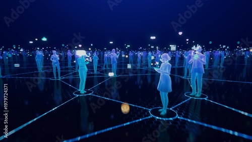 3D Animation: Moving Through Crowd of People in Digital Space with Icons, Emoji and Messages. User Avatars in Virtual World of Social Media, Internet and Content. Connected Digital Society.