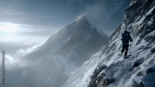 Winter season adventure exploration. A highresolution digital artwork depicts a solitary climber ascending a snowy mountain peak. The climber wears a blue jacket, yellow pants, and a backpack.
