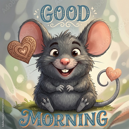 Cute cartoon kitten holding a gift box while playfully chasing a mouse in a fun and colorful illustration perfect for a birthday or holiday card