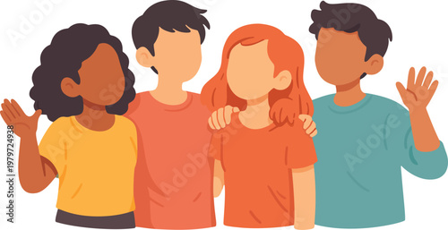 Group of young friends together representing friendship and social connection flat vector illustration.