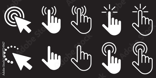 Cursor pointer clicking hand icon set vector illustration black and white different styles for interface design
