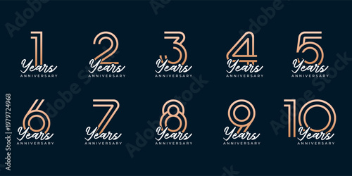 Set of vector logo designs for 1st to 10th anniversary, in gold color for celebrations, weddings and birthday
