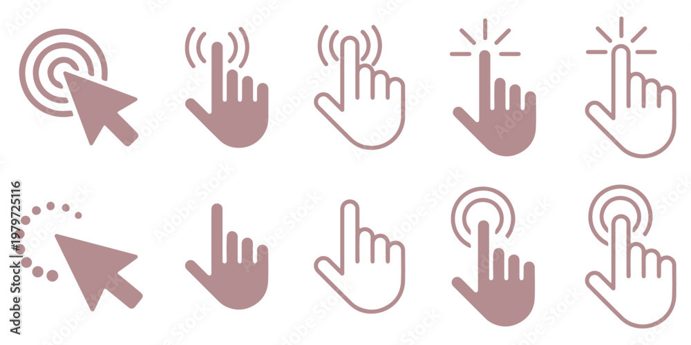Fototapeta premium Cursor pointer clicking hand icon set vector illustration black and white different styles for interface design