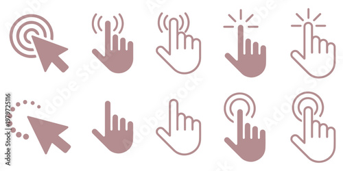 Cursor pointer clicking hand icon set vector illustration black and white different styles for interface design