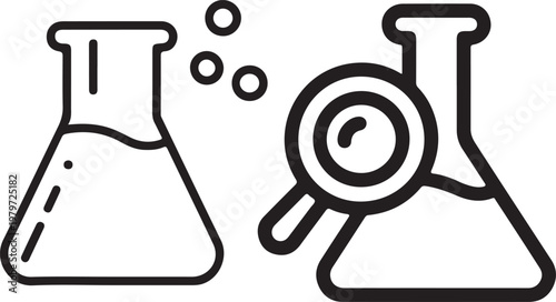 Chemical reaction observation with an erlenmeyer flask and magnifying glass Vector

